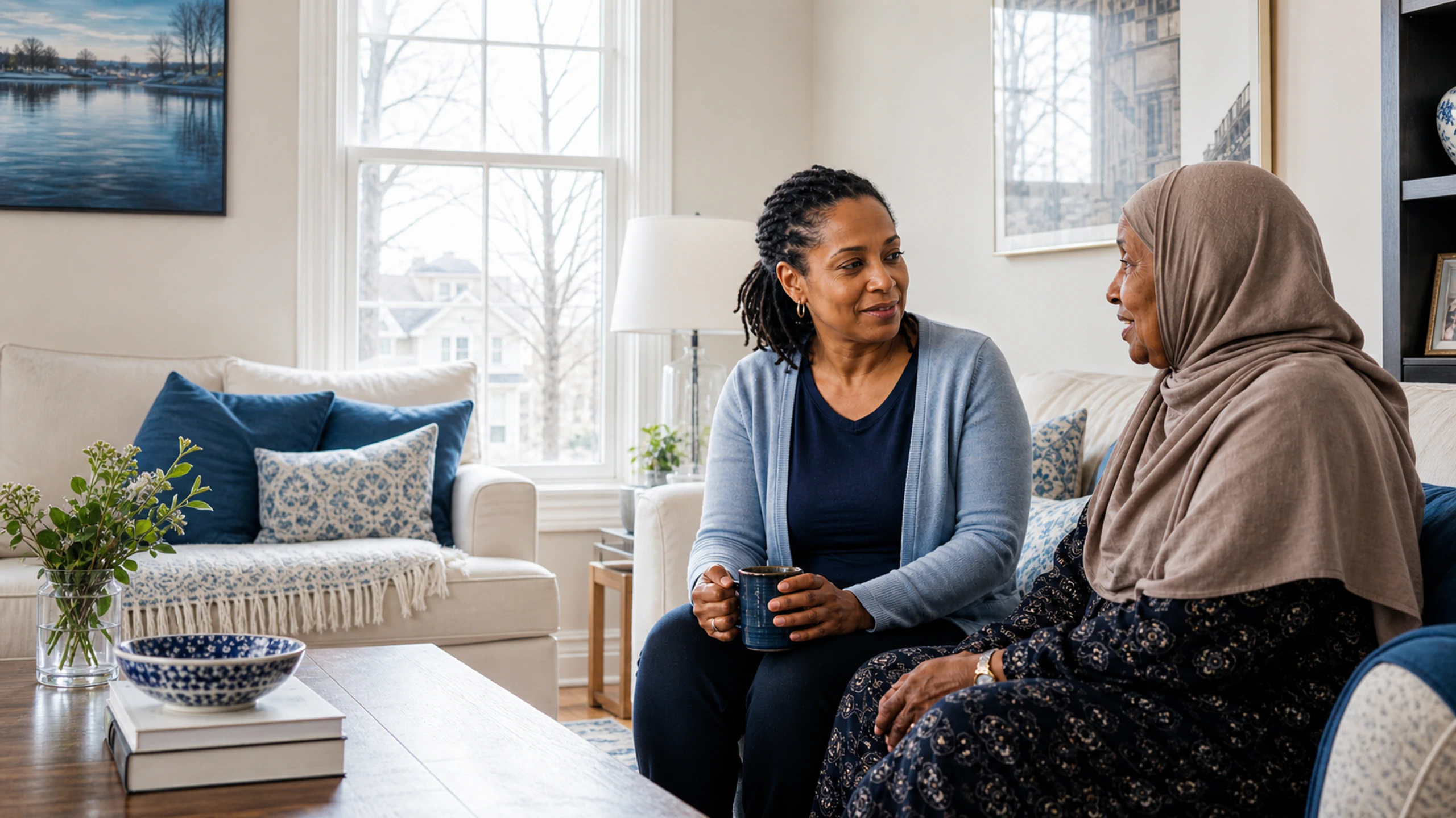 A caregiver sitting with a client in their living room